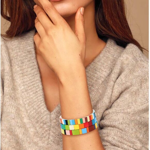 Tile Bracelets Enamel Rainbow Tile Bead Bracelets Colorblock Stackable Stretch B - Picture 2 of 8